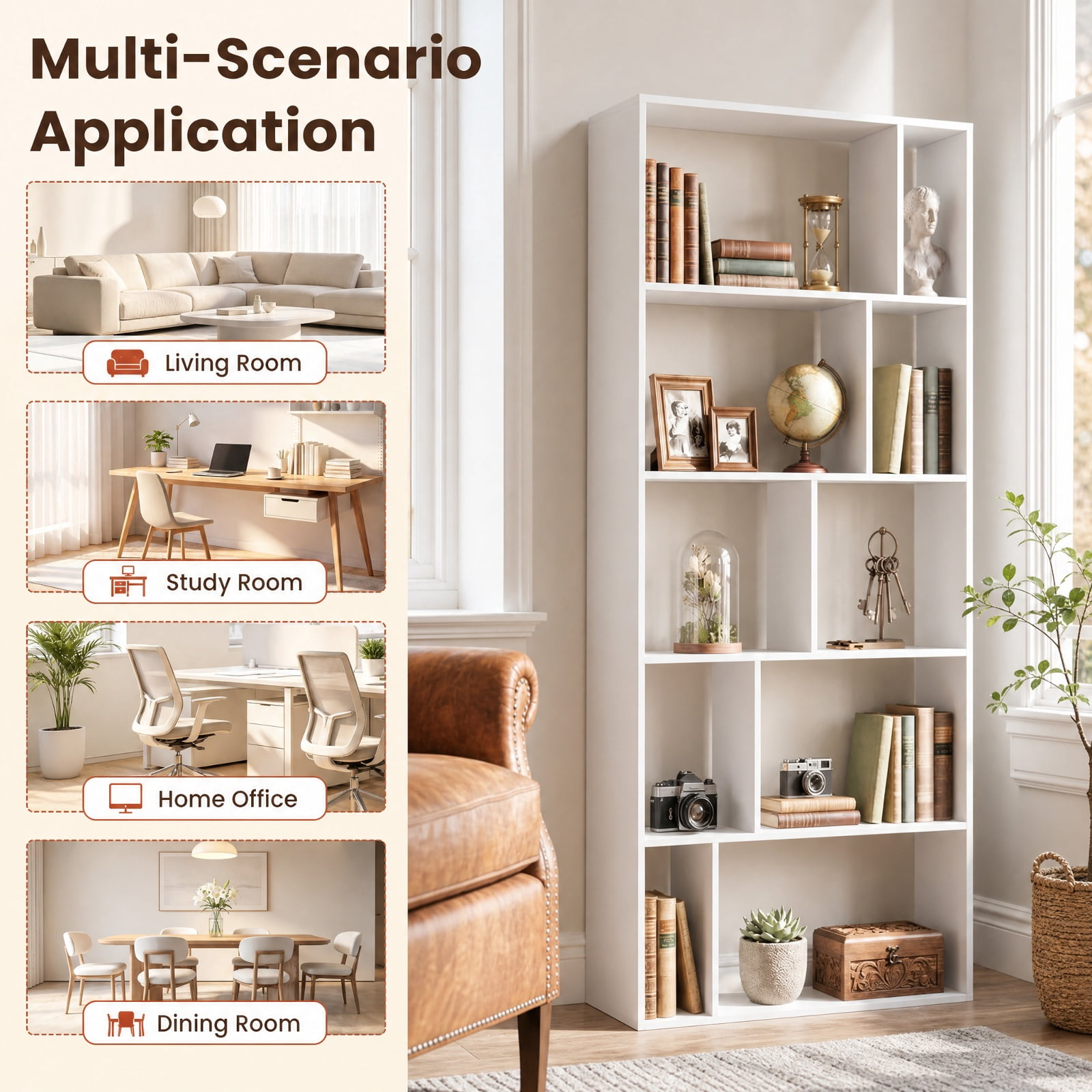 Furnibear 5-Tier Modern Bookshelf with Open Back and 2 Anti-Tipping Kits for Living Room Home Office Bedroom Display Storage Shelf, White