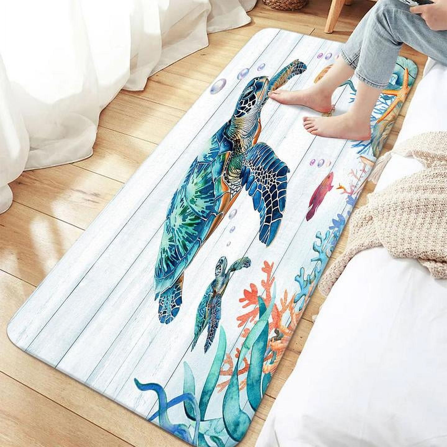 Sea Turtle Beach Bathroom Rug Nautical Bath Mats Door Coastal Carpet Floor Starfish Mat Non Slip Absorbent Rugs Decor for Kitchen Bedroom Living Room Outdoor