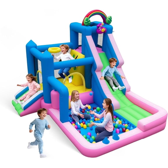 HEMOPOW Inflatable Bounce House 10-in-1 Flamingo Theme with Double Slides, Climbing Wall, Ball Pit, Basketball Hoop & Sprinkler, 480W Blower Included