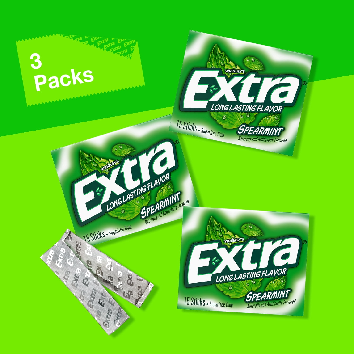 EXTRA Spearmint Sugar Free Chewing Gum, 15 Sticks per Pack, 3 Pack
