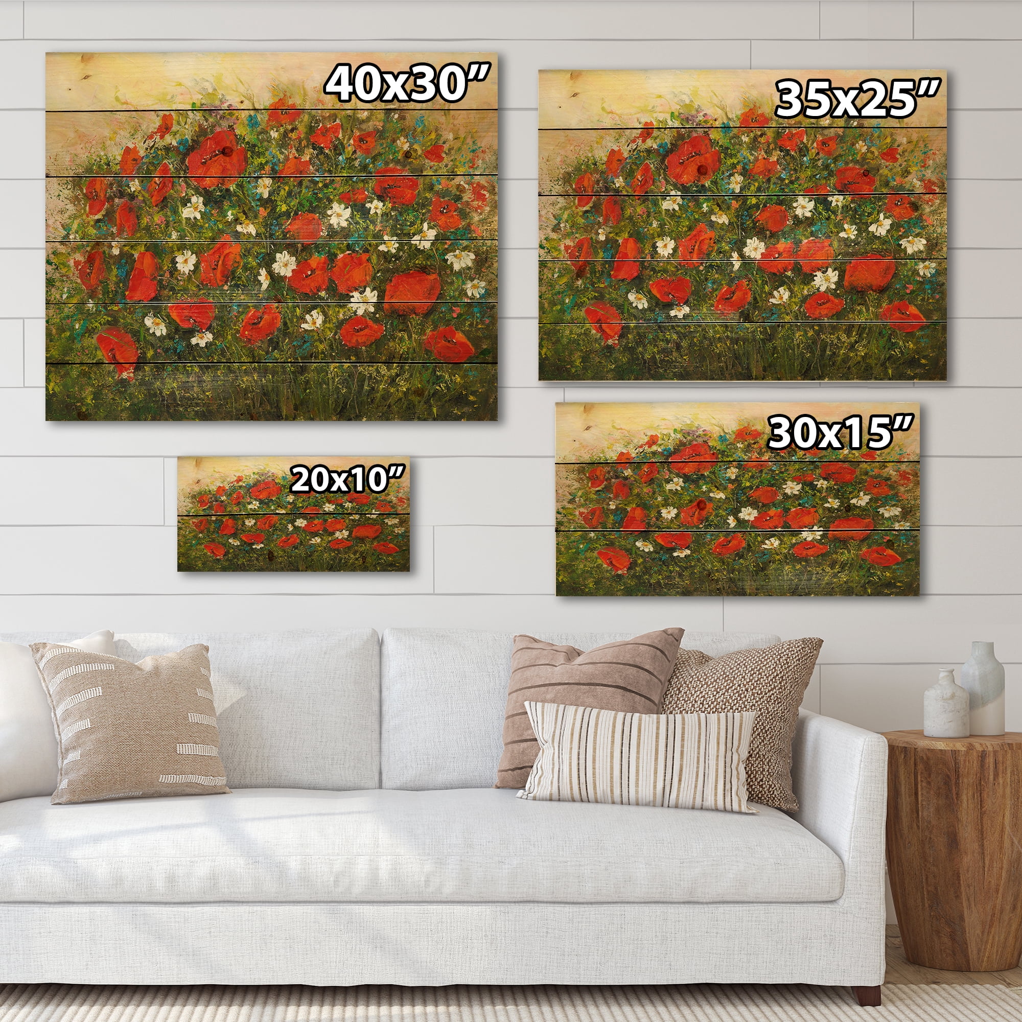 Designart 'The Fields of Red Wildflowers' Traditional Print on Natural Pine Wood