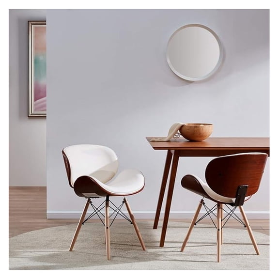 Set of 2 Century , Upholstered Faux Leather Walnut Curved Back Contemporary Kitchen Dining Accent Chair, Minimalist Vintage Style - Avalon (White)