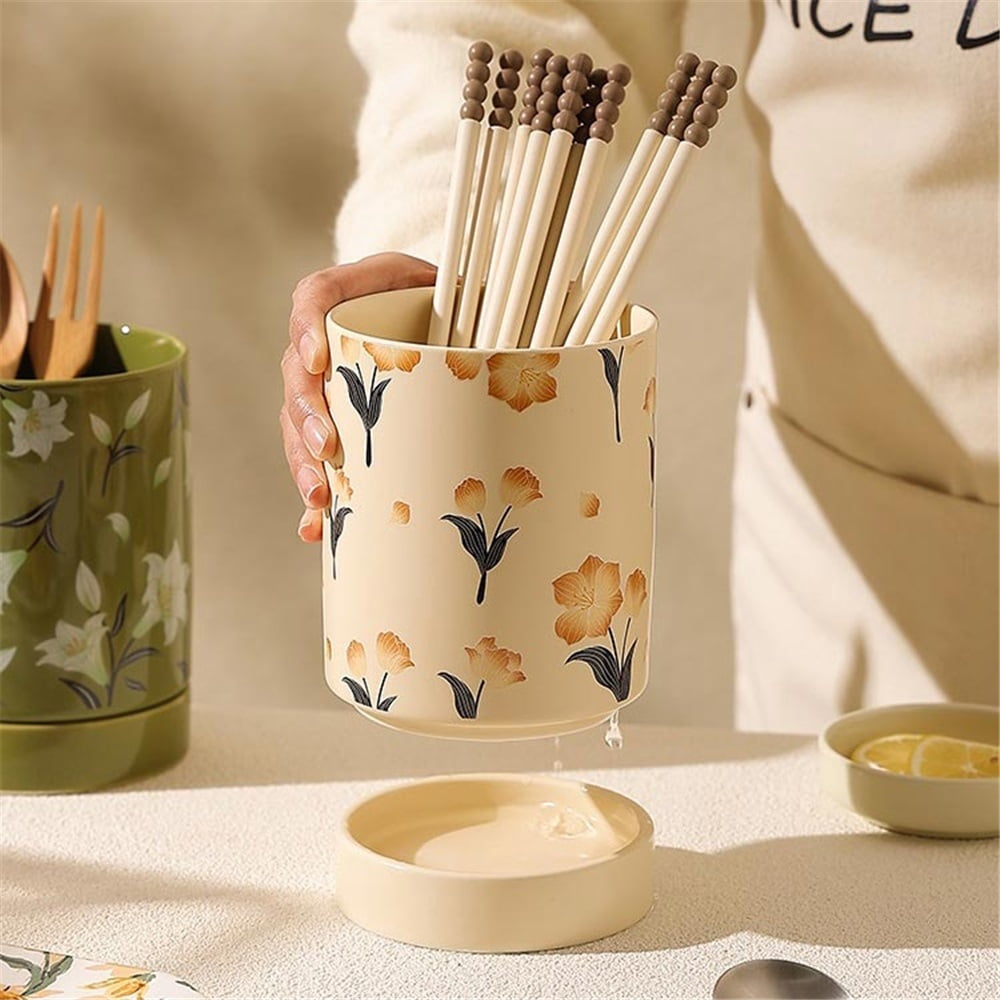 Ceramic Utensil Holder,  Kitchen Utensil Crock for Counter Drying Rack with Drain Tray