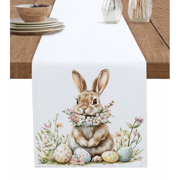 Easter Bunny Table Runner 60 Inches, Pastel Spring Floral Wreath Rabbit Eggs Bed Runner Dresser Scarves Tabletop for Indoor Outdoor Parties/Ceremony/Banquet, 13" x 60"