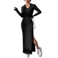 thumbnail image 2 of Women'S Long Sleeve Collar V Neck Maxi Dress Slit Thigh Ribbed Knit Bodycon Dresses, 2 of 9