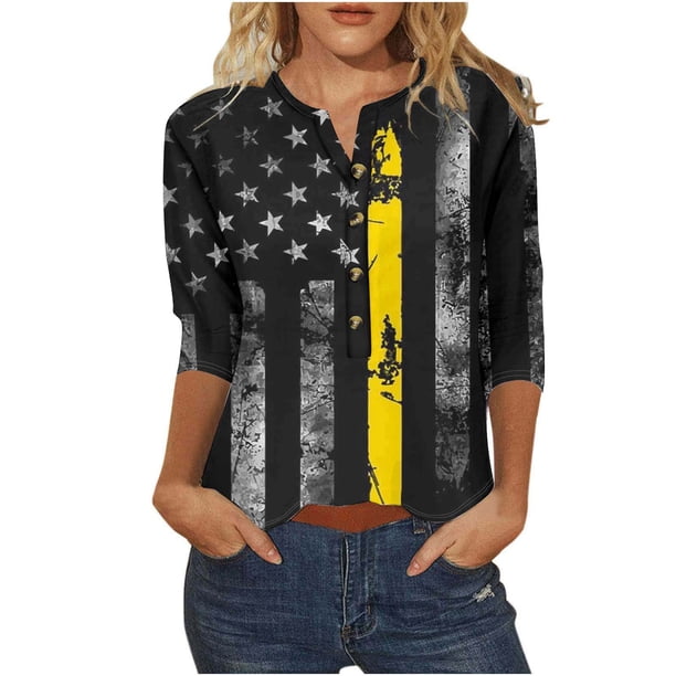 Camiseta Casual Suelta Del Botón Impreso Del Día de la Independencia de la Mujer de Manga Superior de 3/4 para el Hogar Y el Uso Diario