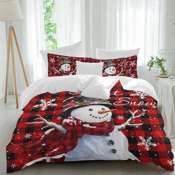 Christmas Snowman 4 Piece Duvet Cover Set Queen Size Snowflake Berry Soft Bedding Set Comforter Cover, 1 Duvet Cover 1 Flat Sheets and 2 Pillowcases