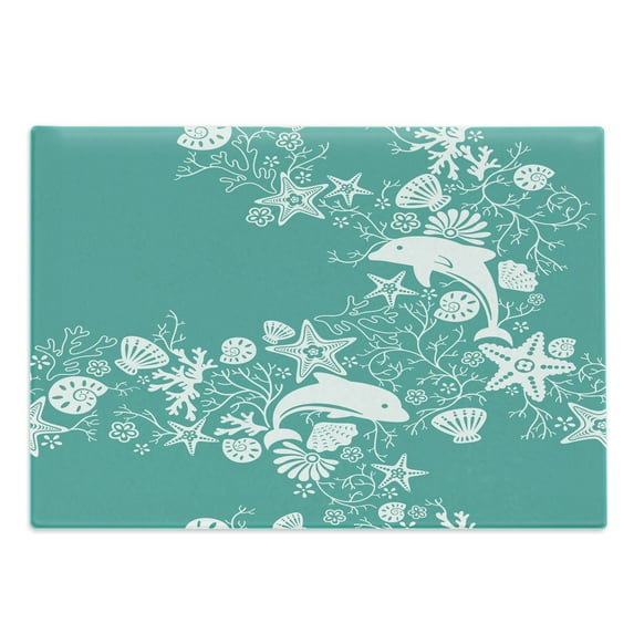Sea Animals Cutting Board, Dolphins Flowers Sea Floral Pattern Starfish Coral Seashell Composition, Decorative Tempered Glass Cutting and Serving Board, Large Size, Sea Green White, by Ambesonne