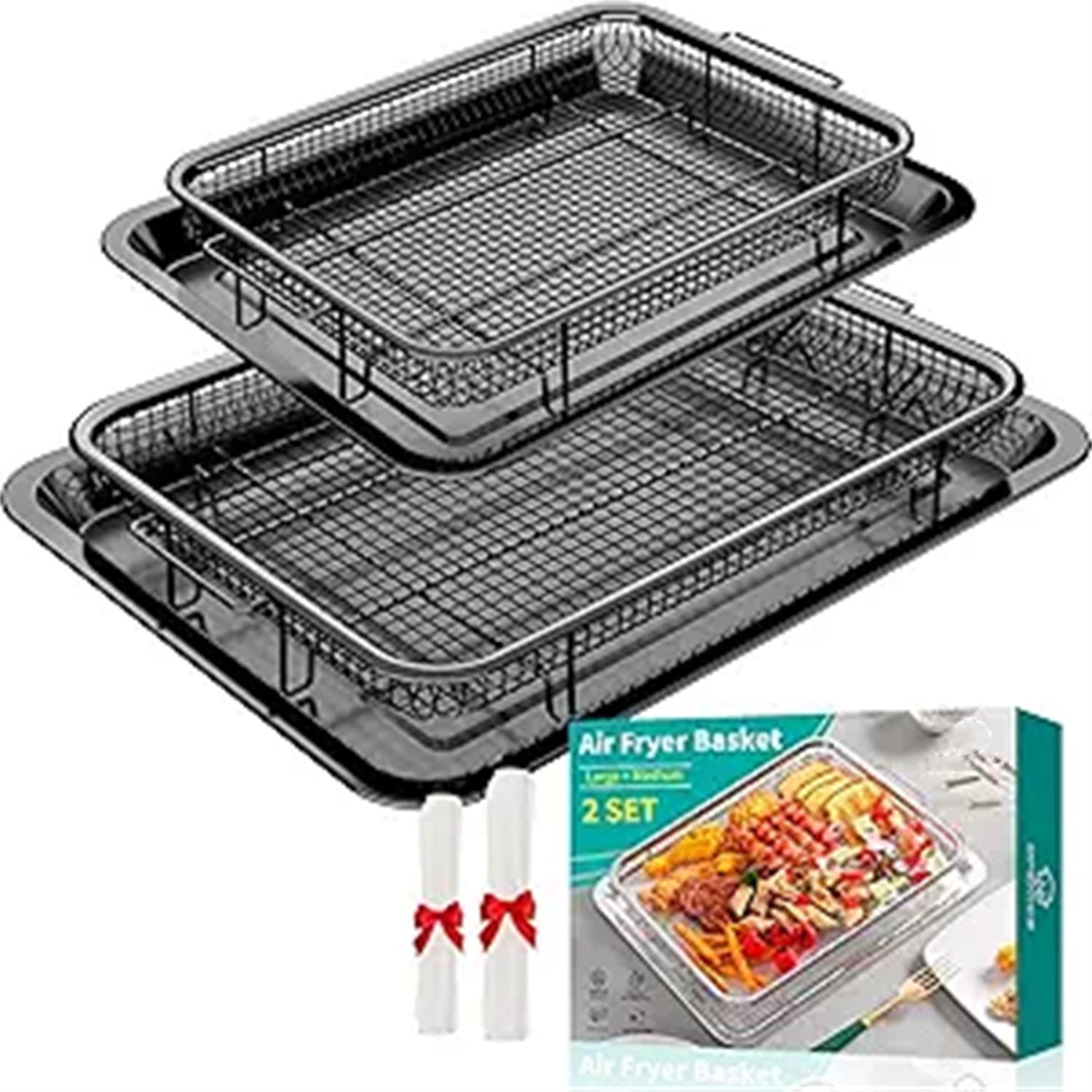 Air Fryer Basket, 2 Set Air Fryer Pan and Crisper Tray for Oven, Non-stick Oven Air Fryer Basket for Baking and Crispy Foods - Black