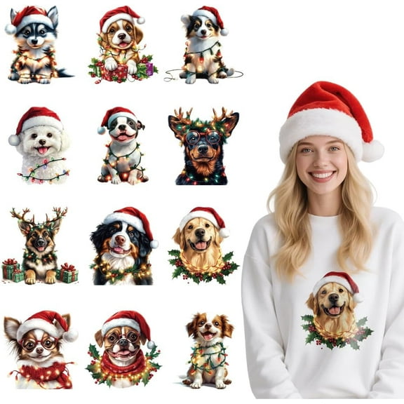 12 Sheets Christmas Cloth Iron on Stickers Christmas Hat Dog Heat Transfer Stickers Decals for DIY T-Shirt Jeans Backpacks Families Clothing Hat Decoration Applique
