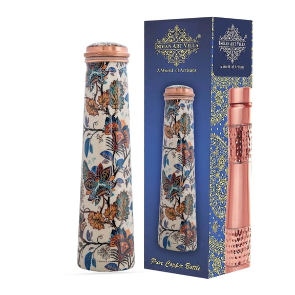 Indian Art Villa Copper Pyramid Shape Bottle, Multi Floral Printed Design, Drinkware, Multicolor, 25 oz