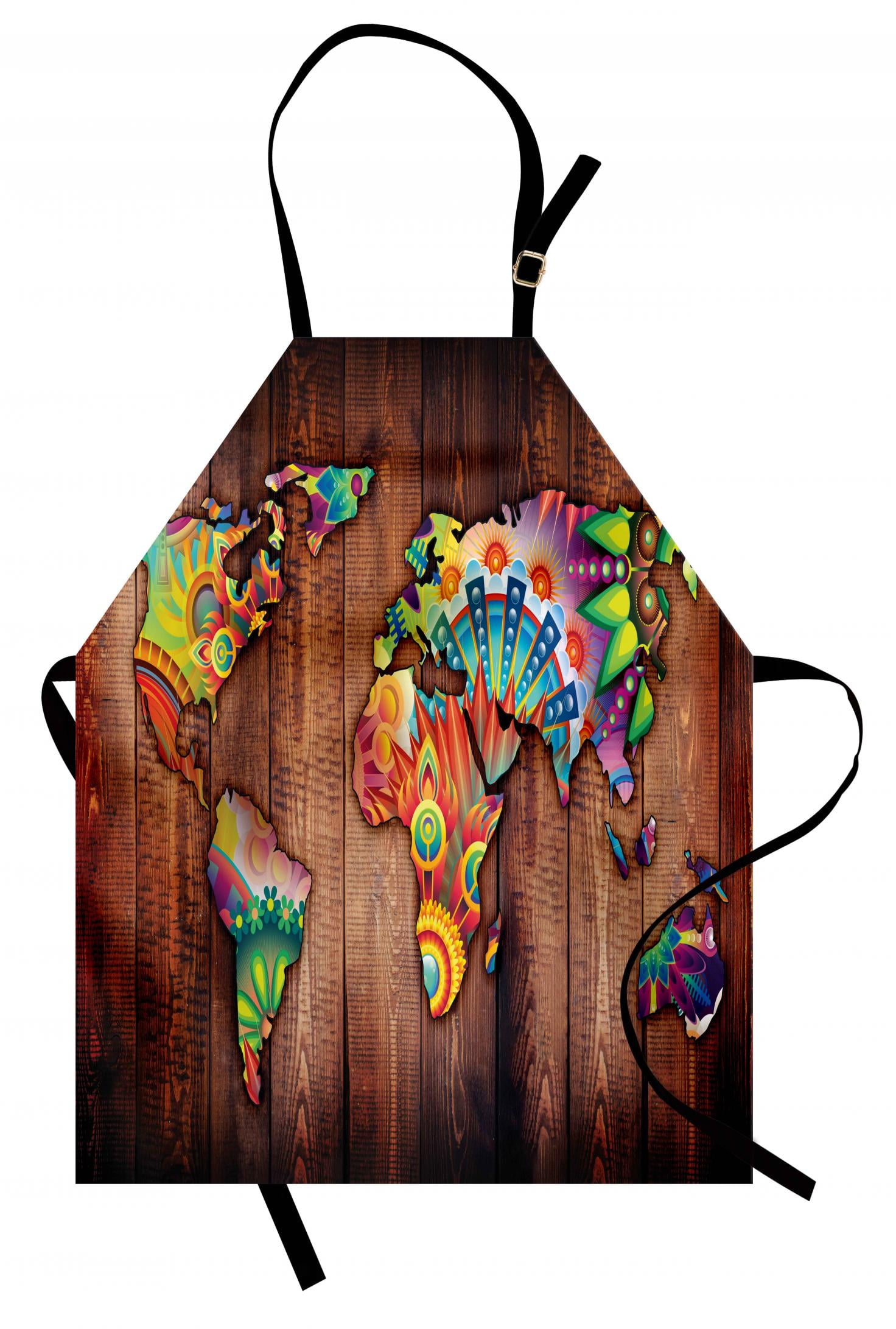 Floral World Map Apron World Map On Wooden Rustic Planks