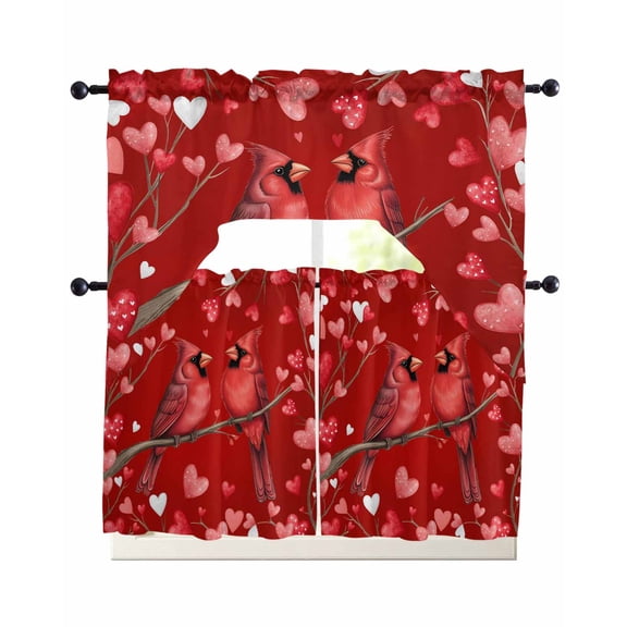 Valentine's Cardinal Swag Curtains for Living Room/Bedroom Windows, Red Love Heart Birds Branch Kitchen Curtains and Valances Set 36 Inch Length, Light Filtering Swags Valance Curtain Panels