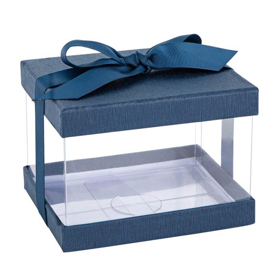 Hammont Elegant Clear Plastic Gift Box with Navy Blue Bow and Ribbon for Gifting 4"x5"x3.5" 6 Pack