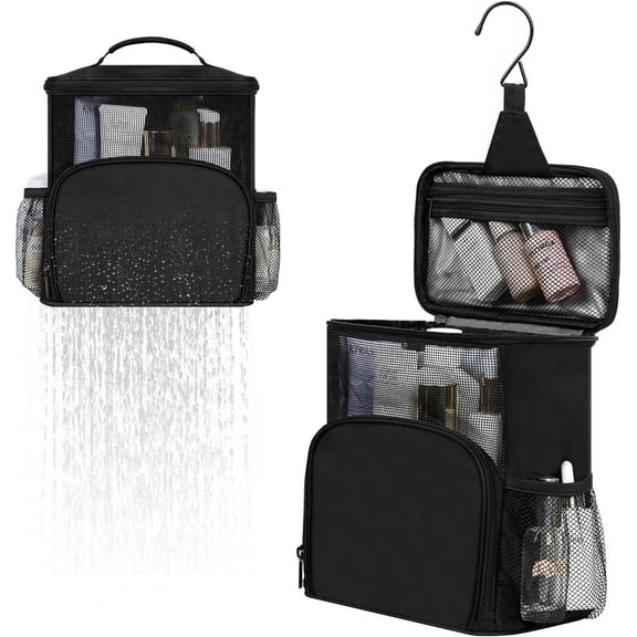 USIONE Medium Black Mesh Shower Caddy - Portable Quick Dry Hanging Organizer for College Dorm, Bathroom, Gym, Travel, Camping - Toiletry Tote for Women & Men