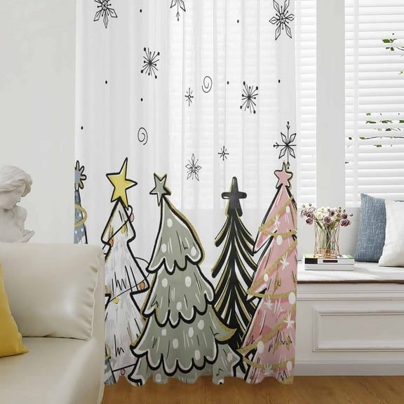 Christmas Tree Semi Sheer Curtains Drapes for Living Room, Bedroom, French Doors Window 63 Inches Long, Pink Green Blue Xmas Tree Snowflake Rod Pocket Chiffon Curtain Drapery Voile Draperies Panel