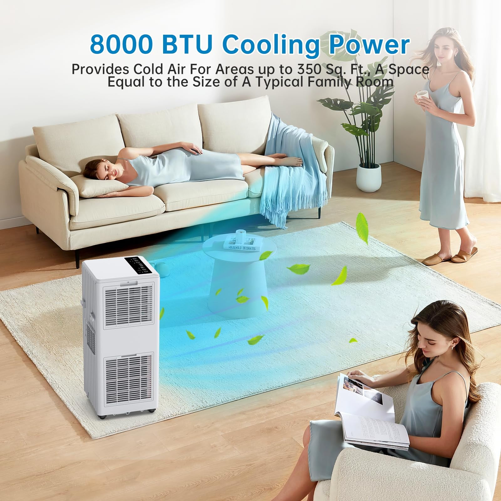 8000 BTU Portable Air Conditioner, 4-in-1 Portable AC with Cooling, Fan, Dehumidifier & Sleep Mode, Stand AC Units for Room Cooling Up to 350sq.ft, White