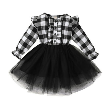

Esho Toddler Baby Girls Plaid Dress Kids Christmas Buffalo Ruffle Long Sleeve Botton Down Shirts Dresses Tulle Lace Skirt Tutu Dress Princess Outfits 6M-5T