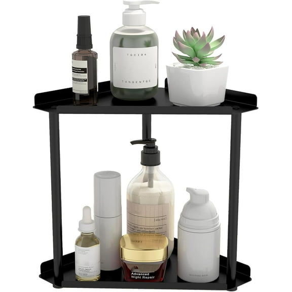 2 Tier Bathroom Counter Organizer, Vanity Organizer Corner Shelf, Skincare, Makeup Countertop Organizers, Kitchen, Bathroom Counter Storage, Black