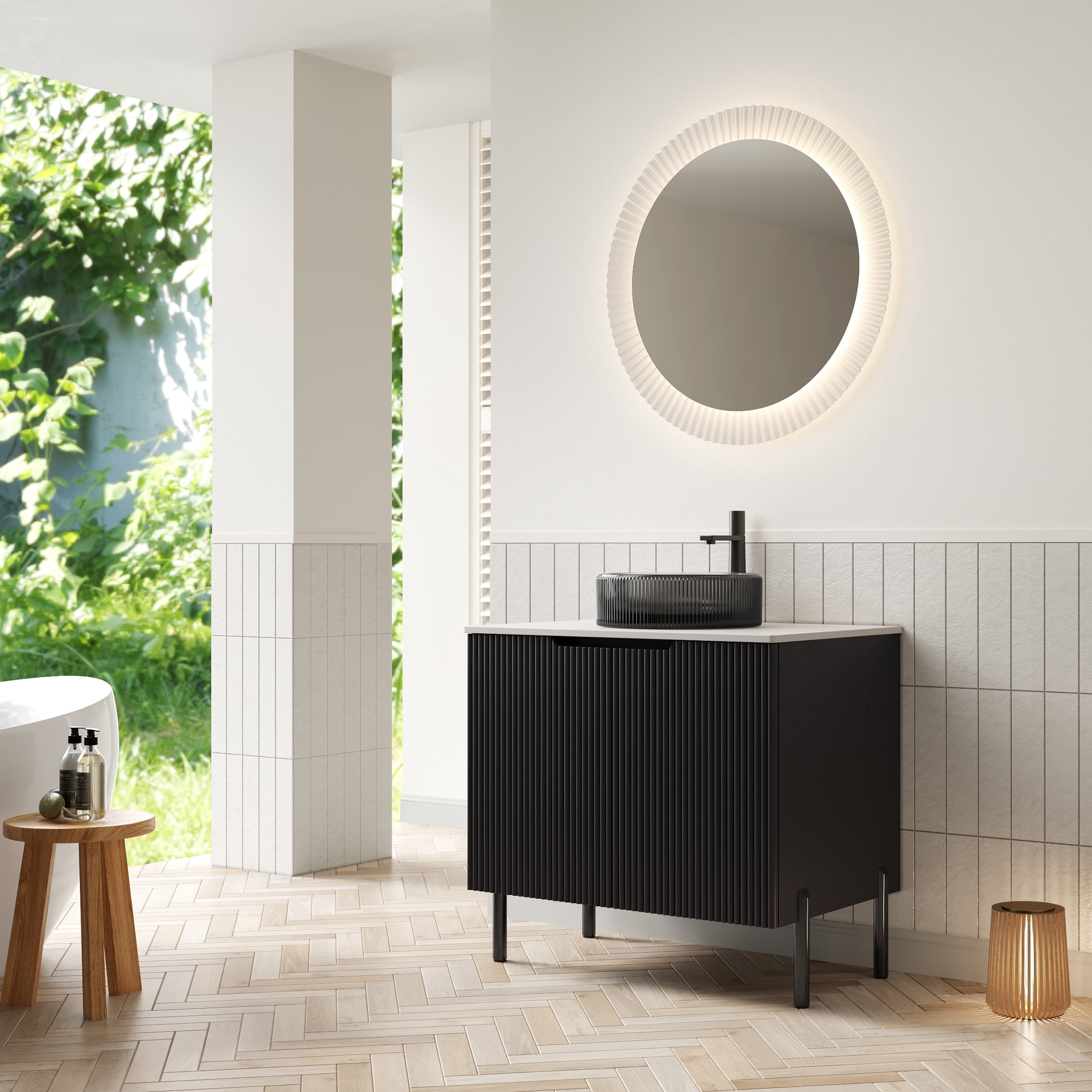 Noble House TURIO 30" Bathroom Vanity with Sintered Stone Countertop, Storage Cabinet, Black Glass Round Basin, Black