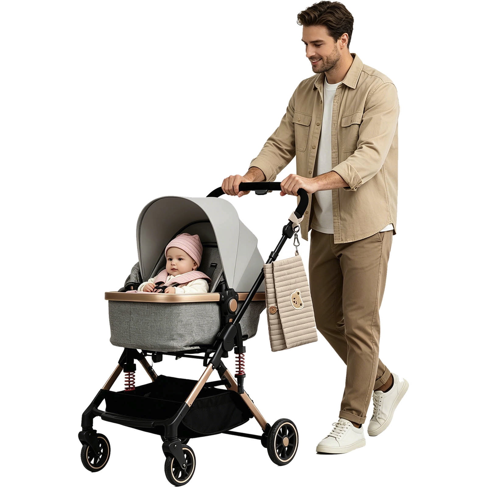 Bear Embroidery Baby Organizer Bag 10.6 Inch Multifunction Diaper Clutch with Wipes Pocket Portable Stroller Attachment Storage Pouch for Travel Brown