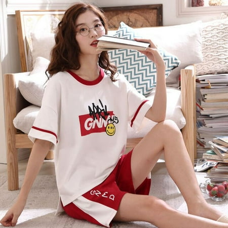 

CoCopeaunt Pajama Sets Women Plus Size 3XL Loose Printed Summer Short Sleeve Shorts Breathable Leisure Homewear Pyjamas Korean Style Trendy