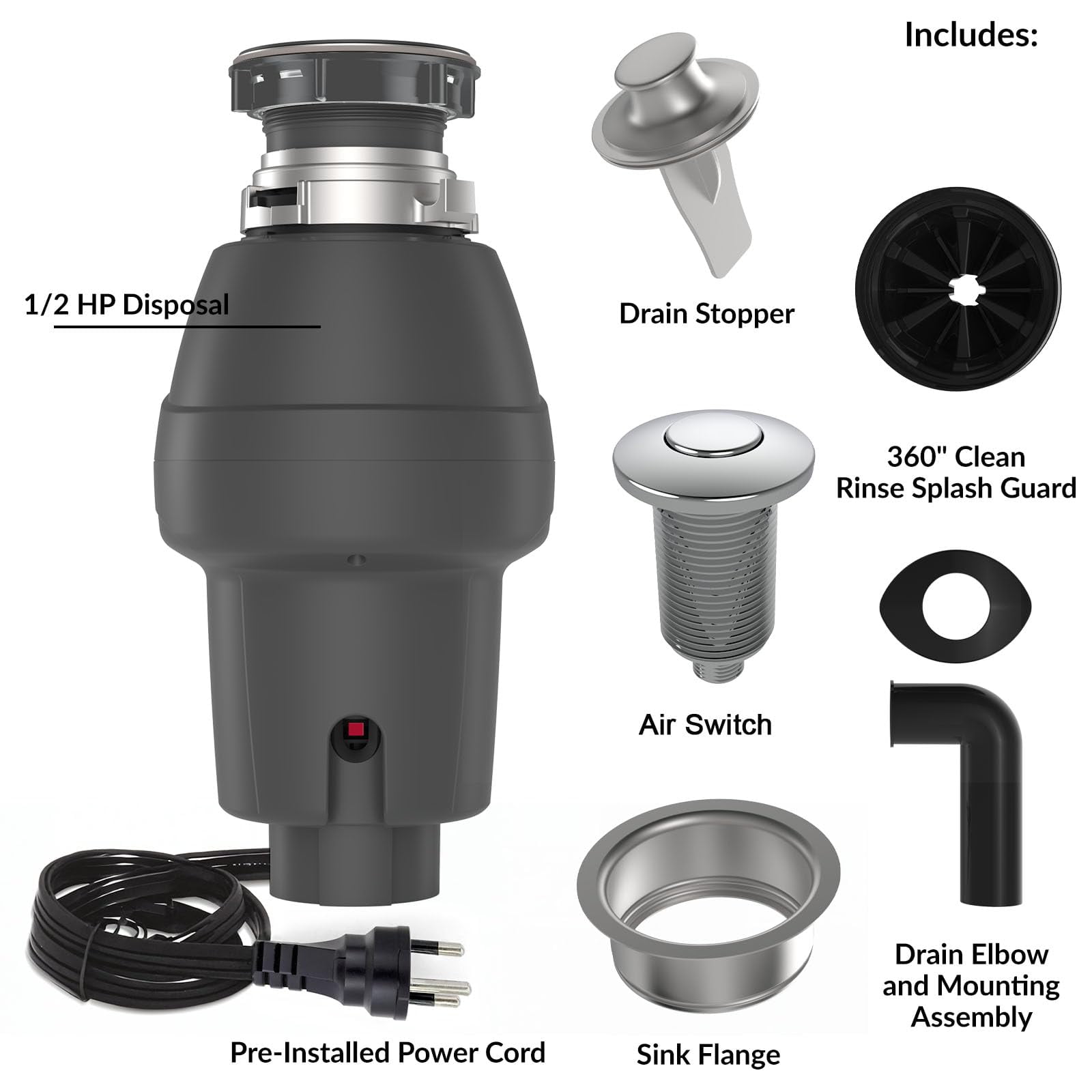 Garbage Disposal, Food Garbage Disposal with Power Cord, Stainless Steel Grinding System, Continuous Feed Compact Garbage Disposals (1/2 HP (Gray))
