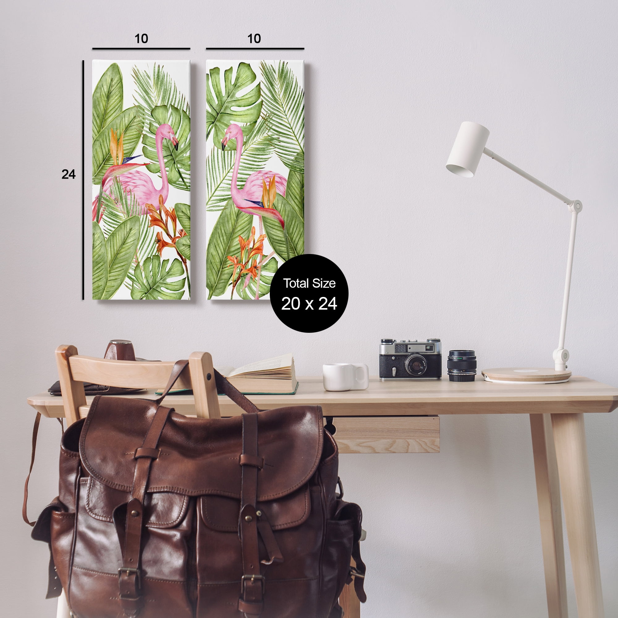 Stupell Industries Flamingos & Topical Plants Botanical & Floral Painting Gallery Wrapped Canvas Print Wall Art, 10 x 24, Set of 2