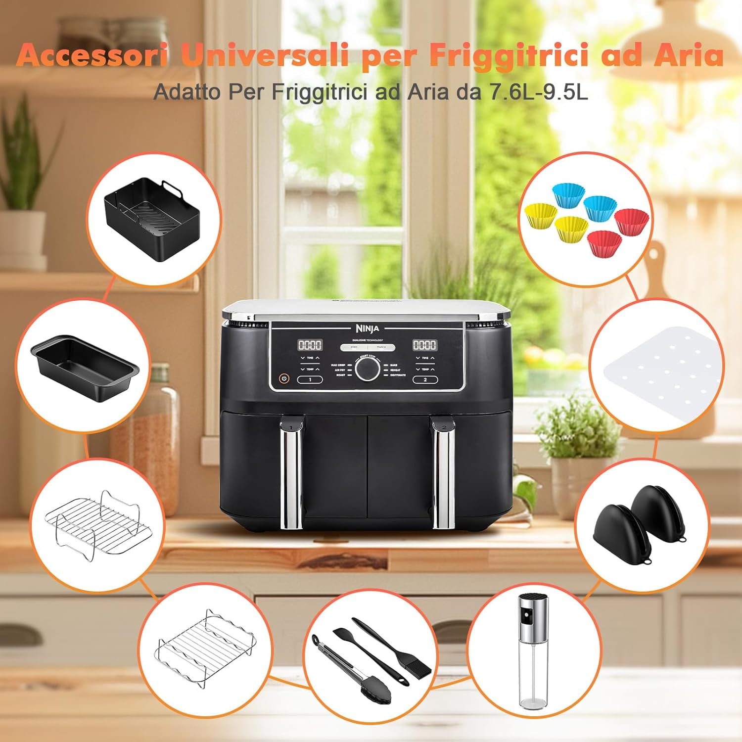 18-Piece Air Fryer Accessories Set | Dual Silicone Inserts for Simultaneous Cooking | 304 Stainless Steel, Dishwasher Safe | Compatible with Ninja, Philips, Princess 7.6L-9.5L Air Fryers