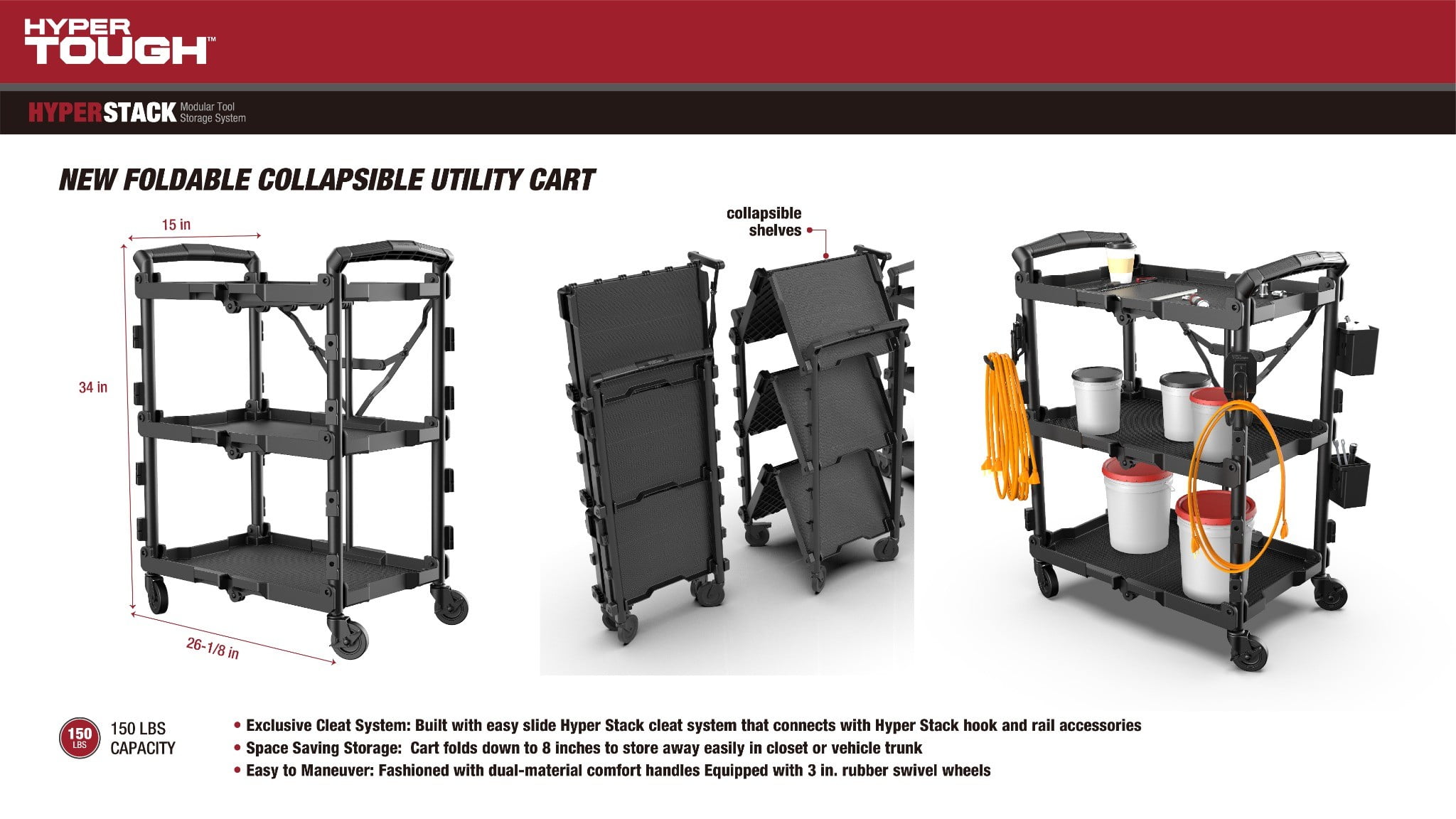 Hyper Tough Hyper Stack New Foldable Collapsible Utility Cart, Black
