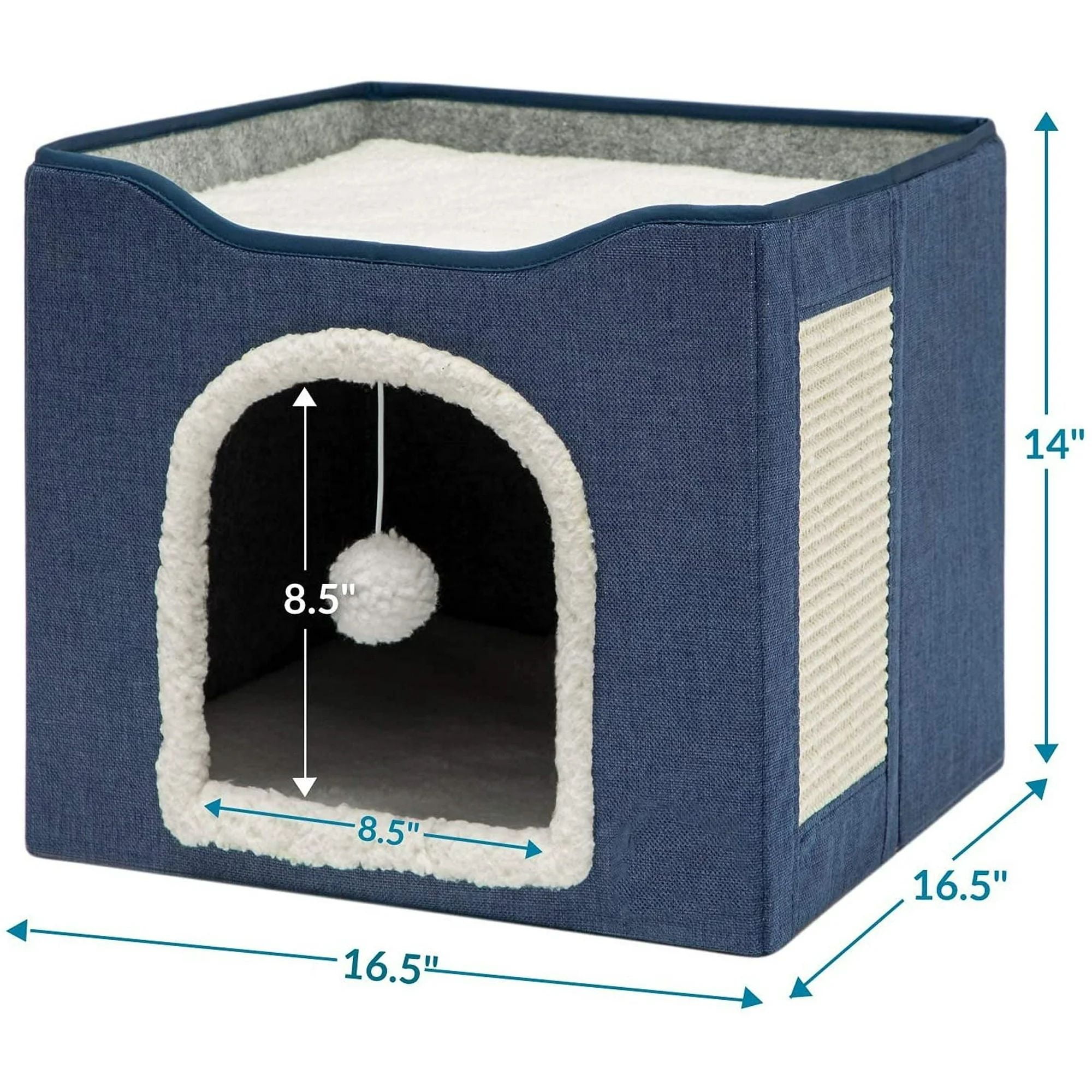 HDJ Cat Bed for Indoor Cats with Scratching Pad and Plush Ball, Pet, 6.5x16.5x14 Inches, Blue