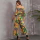 thumbnail image 5 of Pantalones de pierna ancha de cintura alta de manga corta con volantes y hombros descubiertos florales de verano para mujer mono suelto informal hoja de mostaza mediana, 5 of 5