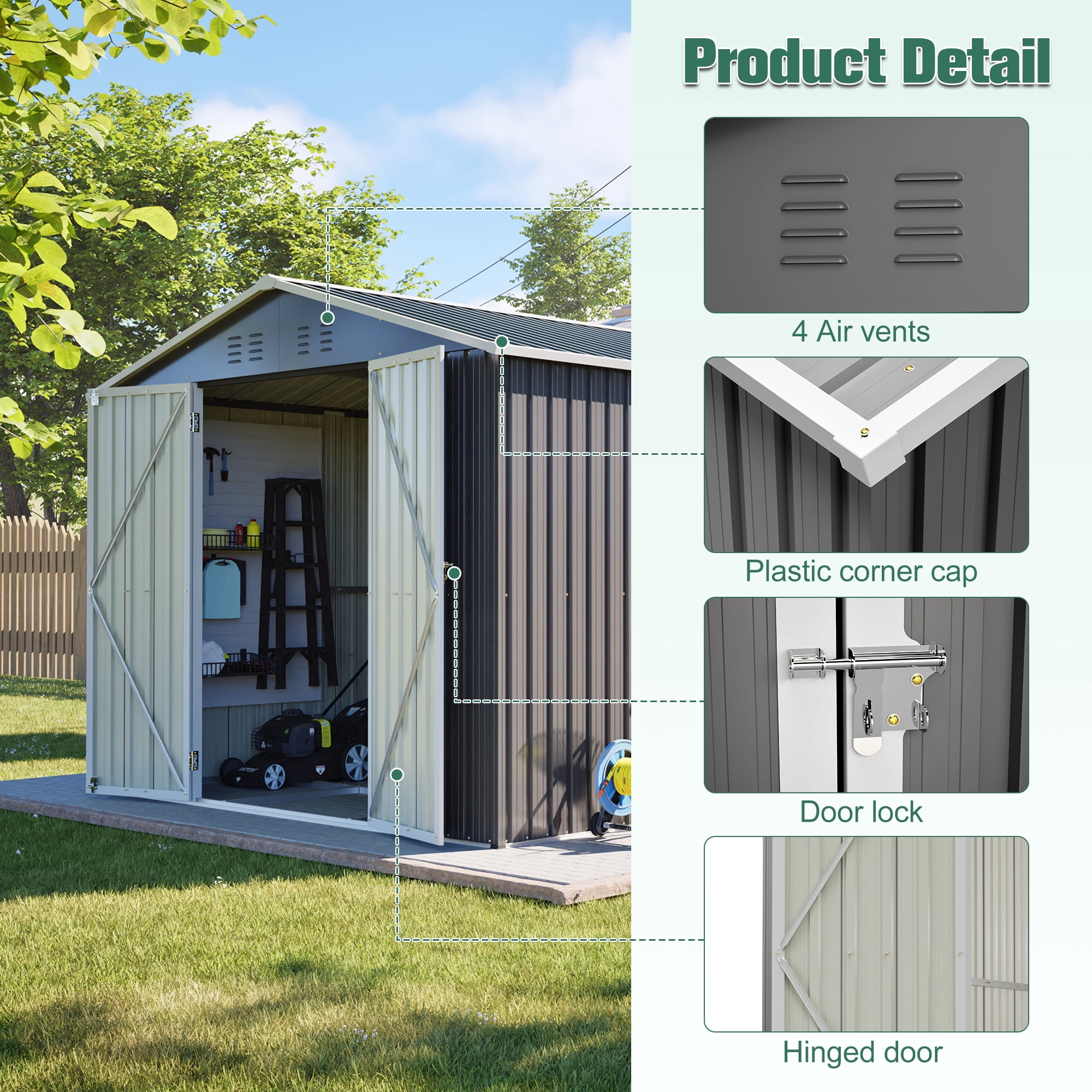 LZBEITEM 8'x12' Outdoor Metal Storage Shed with Floor Frame, Galvanized Steel Garden Shed, Metal Garden Tool Shed with Double Lockable Doors for Backyard Patio Lawn, Gray
