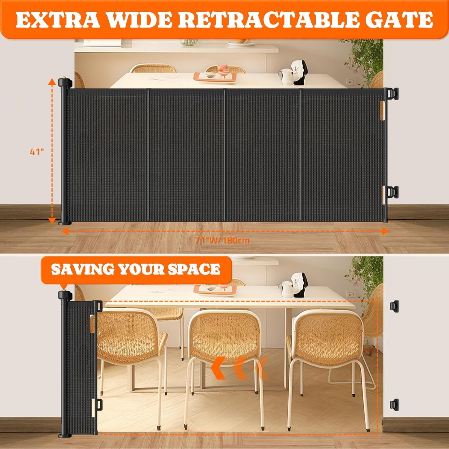 Retractable Baby Gates Extra Wide, 41" Tall Extends up to 71" Wide, Dog Gate Indoor for Stairs, Pet Gate with Support Rods for Doorways Hallways Indoor & Outdoor-Black