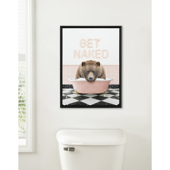 Kate and Laurel Sylvie Beaded Big Bear Retro Neon Sign Bath Vintage Framed Canvas Wall Art, 18x24 Beaded Black, Cute Animal Bathtub Art Set for Wall