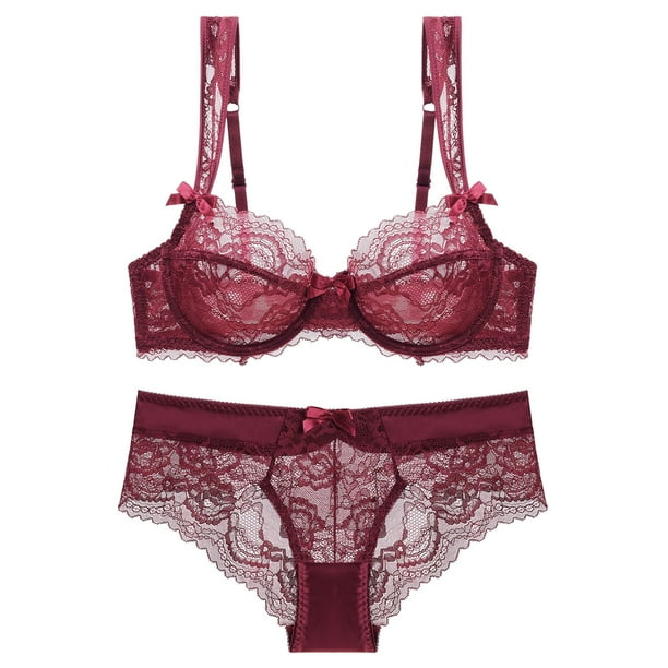 Gibobby Conjunto de lencería de encaje Conjunto de sujetador de encaje sin cojín, sexy, transparente, delgado, de lencería para mujer(Rojo, 75B)