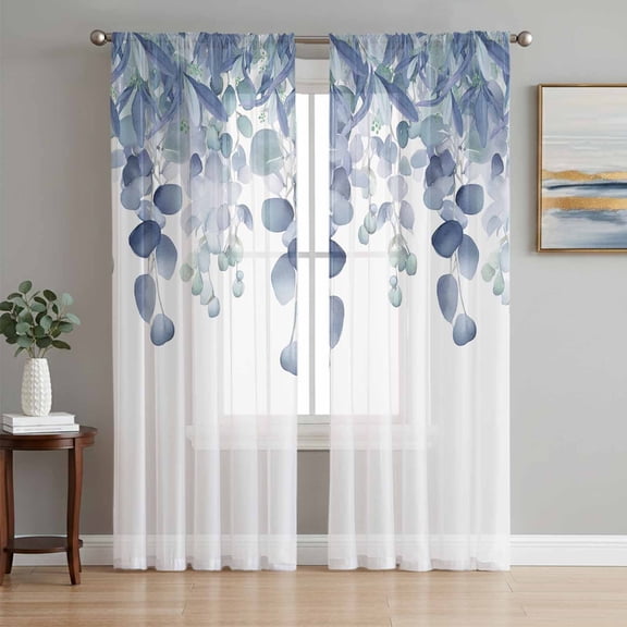 Blue Teal Botanical Semi Sheer Curtains 63 Inch Length 2 Panels Set, Eucalyptus Leaves Pastoral Floral Sheer Kitchen Curtain Privacy Voile Window Curtain for Living Room Bedroom Rod Pocket Drapes