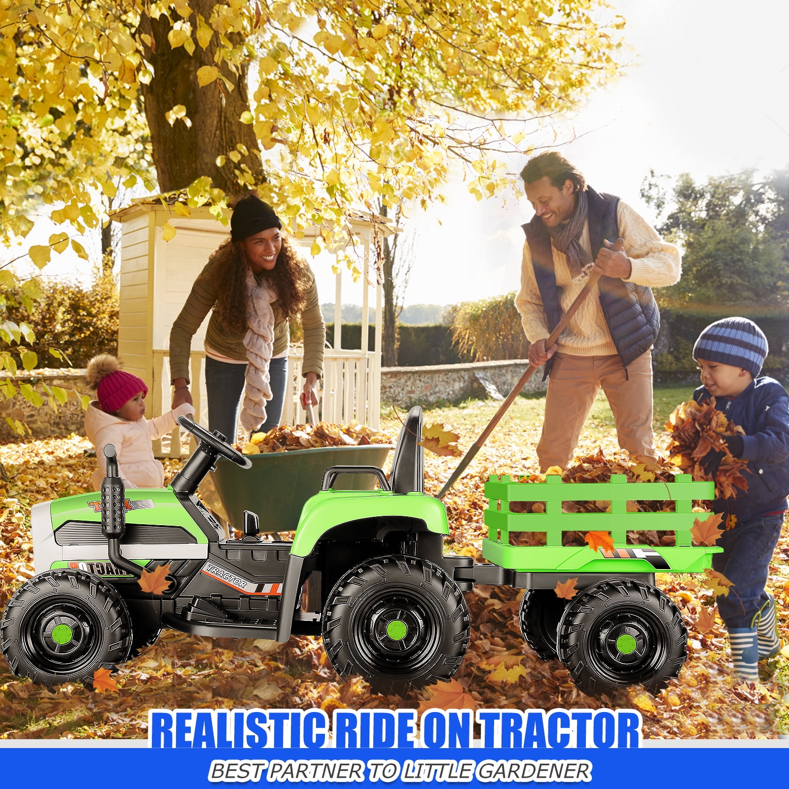 Funcid 12V Kids Ride on Tractor with Trailer 7AH Battery Powered Tractor Electric Car for Toddler, Ride on Toys Motorized Vehicle with Parents Remote Control, Bluetooth, 3 Speeds, 11-LED Lights Green