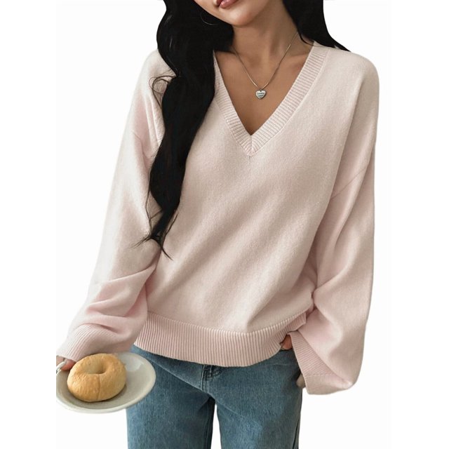 Suéter Informal Cómodo de Color Liso con Cuello en V, Larga y Punto Acanalado Suave para Mujer. M