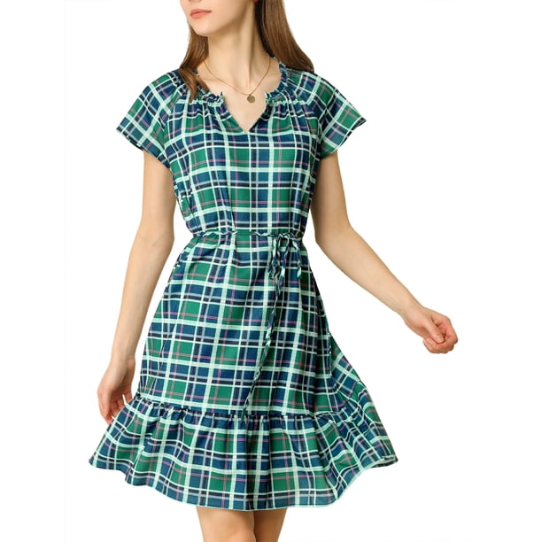 INSPIRE CHIC Vestidos De Volantes A Cuadros Manga Raglán Con Cinturón Cintura Del Lazo Para Mujer Verde XL