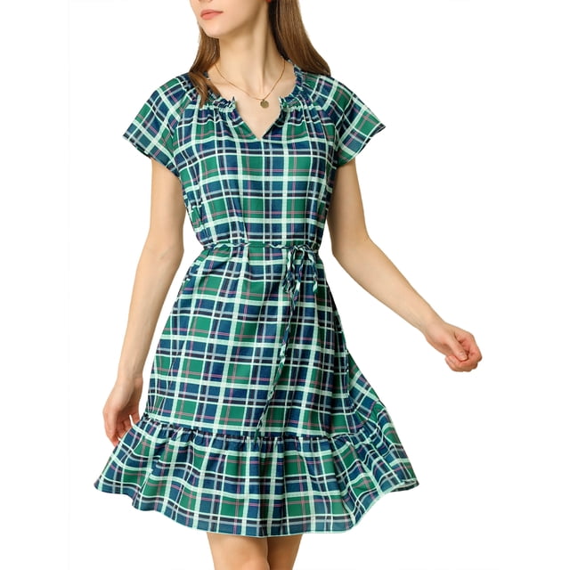 INSPIRE CHIC Vestidos De Volantes A Cuadros Manga Raglán Con Cinturón Cintura Del Lazo Para Mujer Verde S