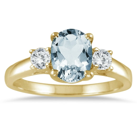 SZUL Women's Aquamarine and Diamond Three Stone Ring 14K Yellow Gold
