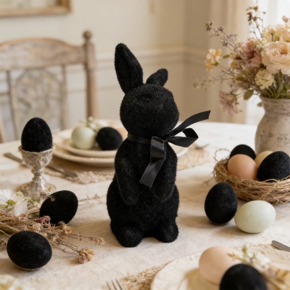 Tyidzon Flocked Bunny Easter Decorations with Bow Ties, Rabbit Figurines for Easter Centerpieces, Spring Home Tabletop Shelf Decor & Seasonal Gift