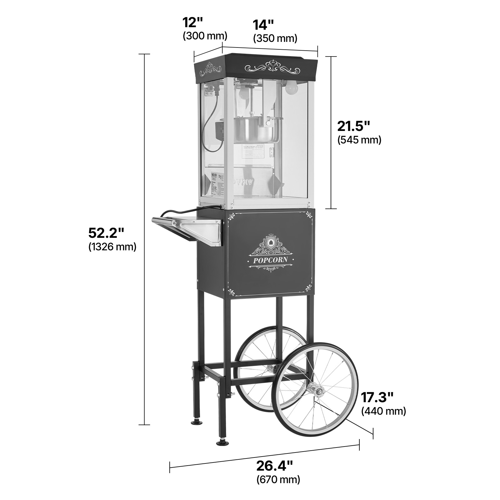 VEVOR Popcorn Machine with Cart, 8oz Stainless Steel Kettle, 800W Commercial Popcorn Maker, 48 Cups per Batch Theater Style Popper, with 2-Button Control Glass Wall PC Door 1 Scoop 3 Spoons, Black