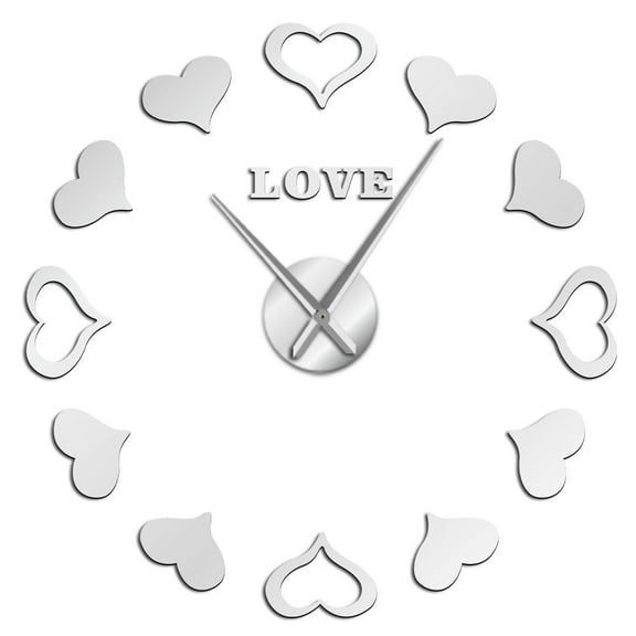 Love Hearts Frameless Wall Clock Stickers, DIY Modern Decorative Clocks for Living Room, Bedroom, Office - Easy to Install, Large 3D Clock Design (Silver,27in)