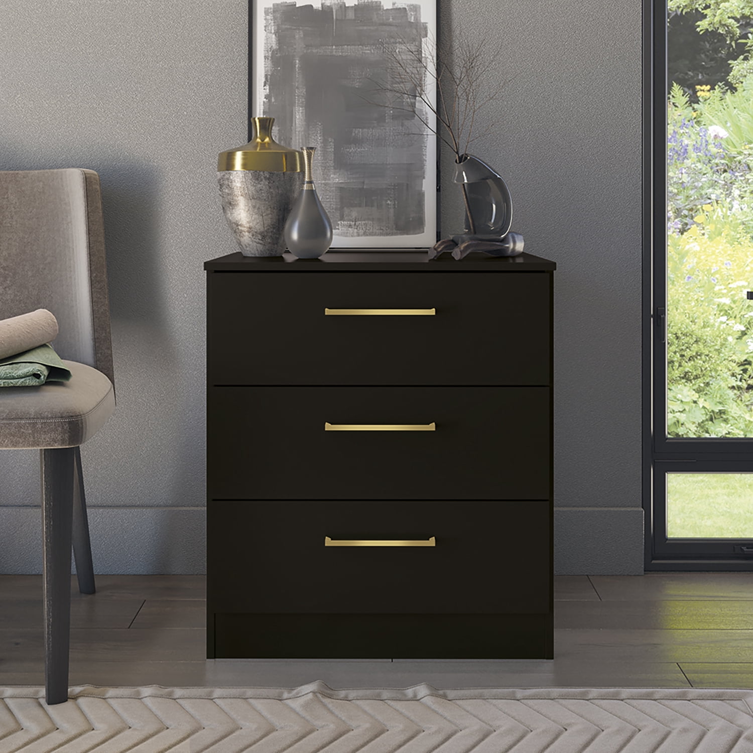 Kappesberg Jolyne 3-Drawer Vertical Dresser with Gold Hanldes Black – Modern Bedroom Storage for Adults and Teens