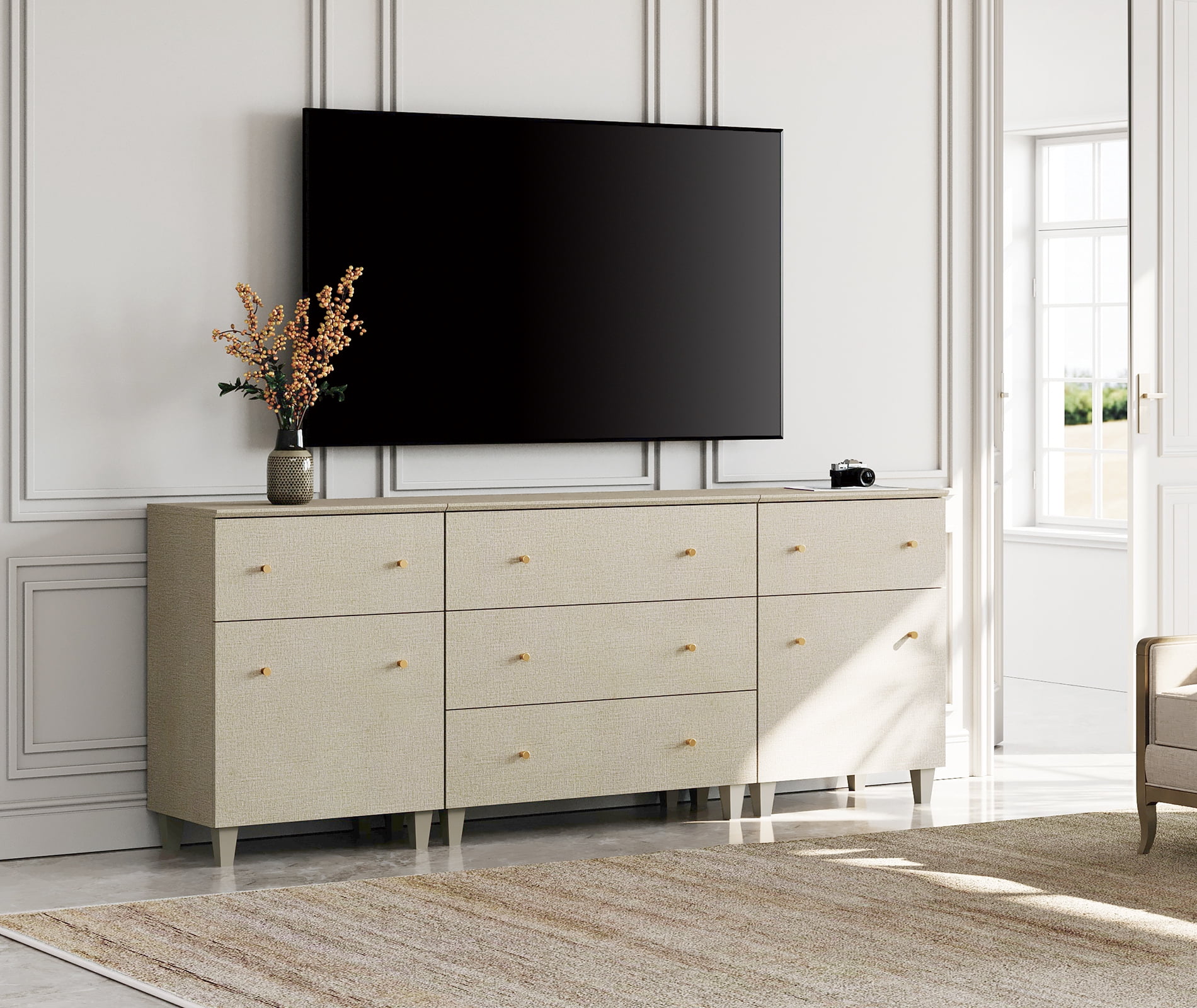 WAMPAT Wide TV Stand for 85+ Inches TVs, 3-in-1 Modern Wooden Media Console with 5 Spacious Drawers and 2 Storage Cabinets for Living Room, Beige