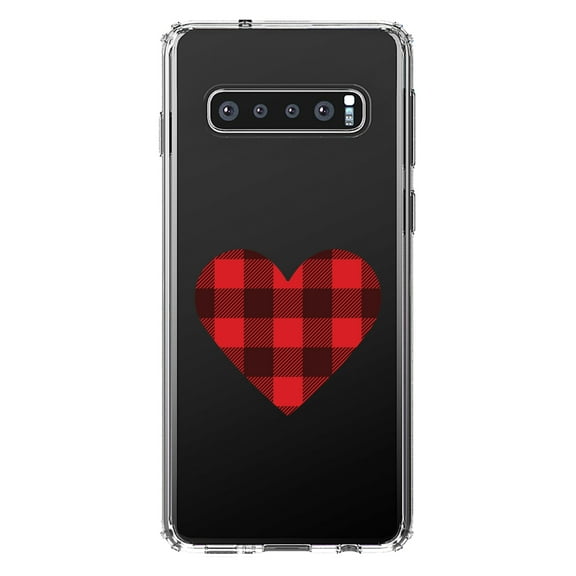 DistinctInk Clear Shockproof Hybrid Case for Samsung Galaxy S10  PLUS (6.4" Screen) - TPU Bumper Acrylic Back Tempered Glass Screen Protector - Buffalo Heart - Red Black Plaid