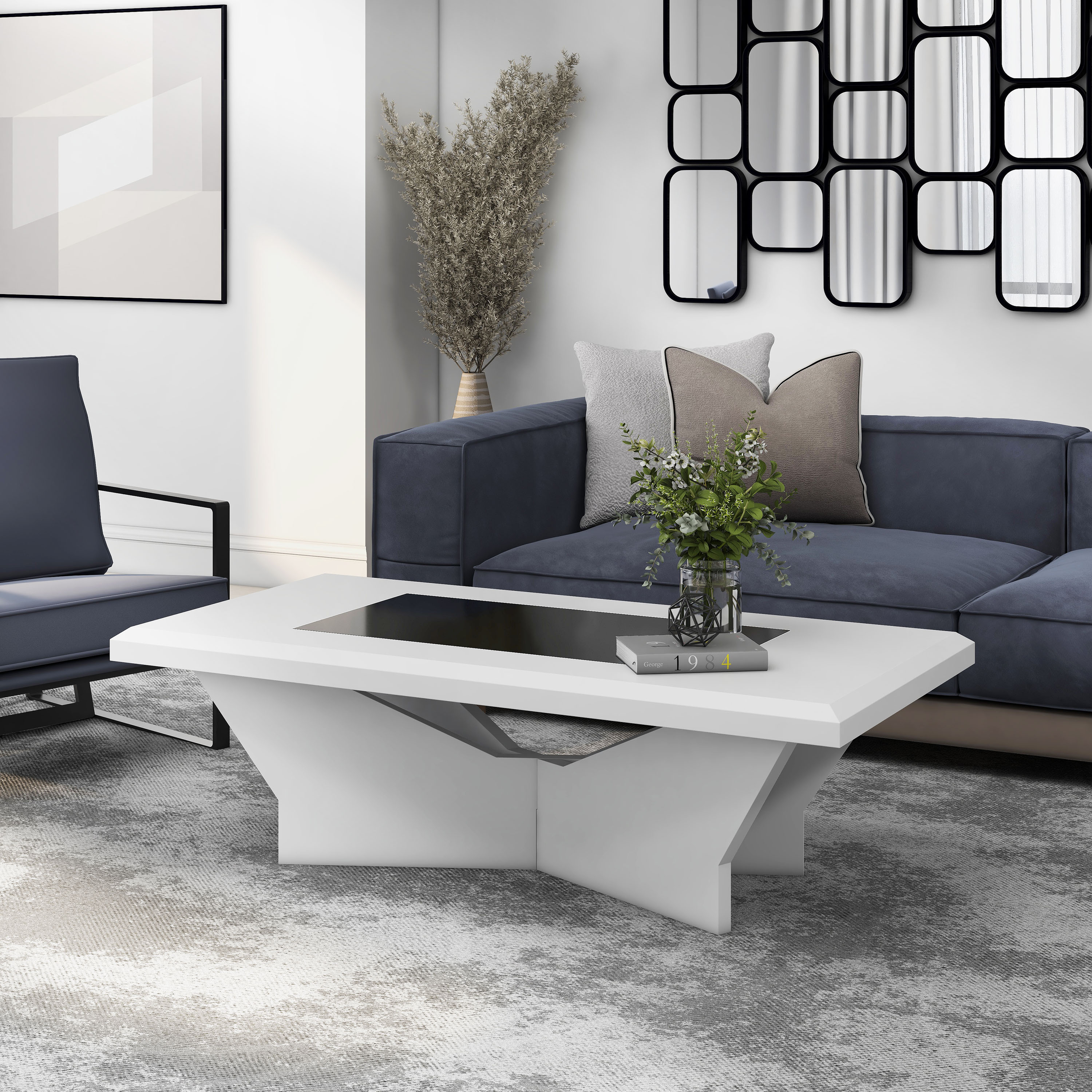 Furniture of America Duall Rectangular Black Glass Top and White Wood Coffee Table
