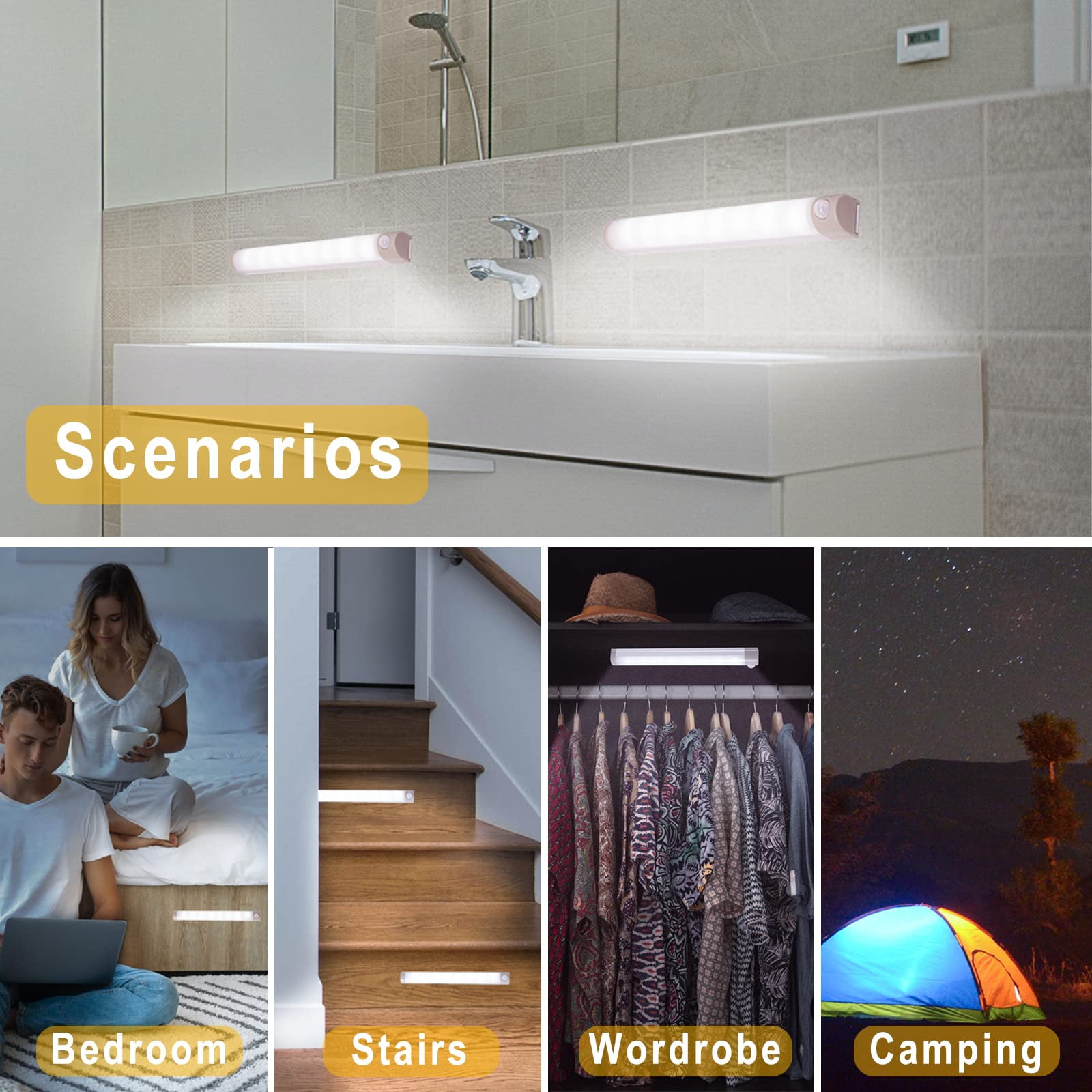 ADAZ Wireless Strip Rechargeable Motion Sensor Under Cabinet Lights for Kitchen Closet 4 Pack 7.3 In